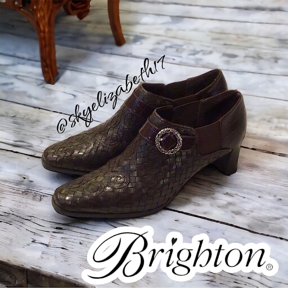 Brighton—Embossed Brown Leather Ankle Boot Heels w/ Silver Hardware, 8.5
